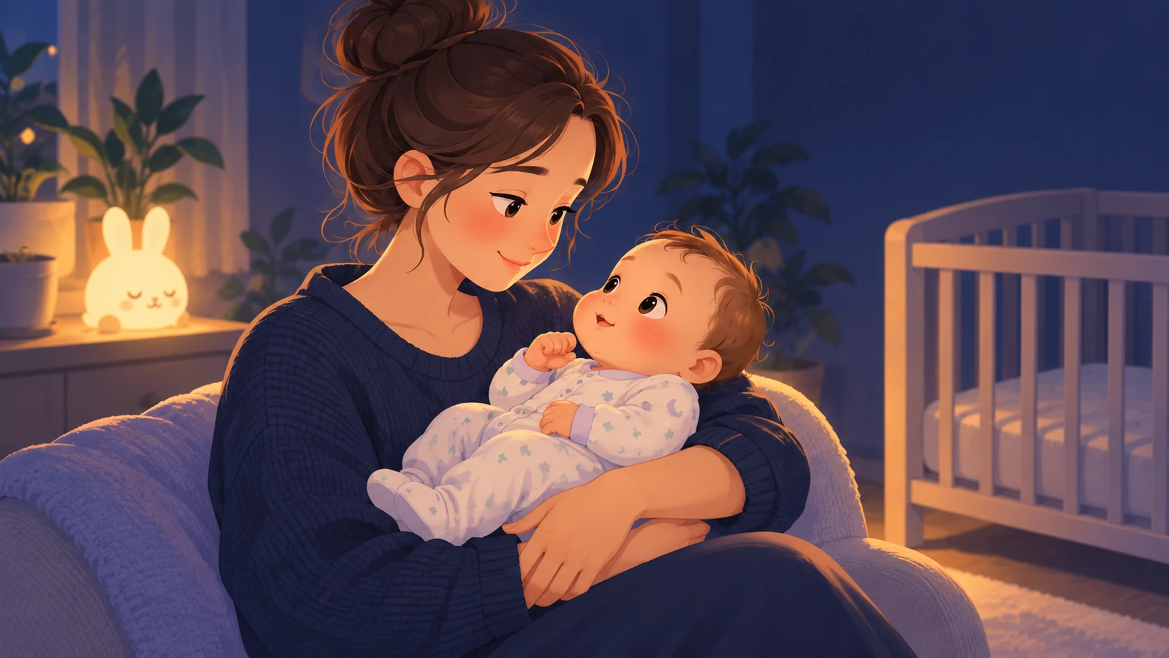 Ein ruhiger Abend: Eine Mutter hält ihr waches Baby im Arm
